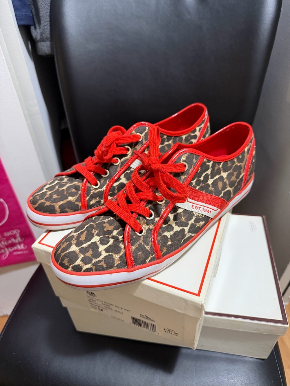 Coach Deja 16CM Scarf Prnt/Pat red leopard ocelot sneakers size 10 M w box